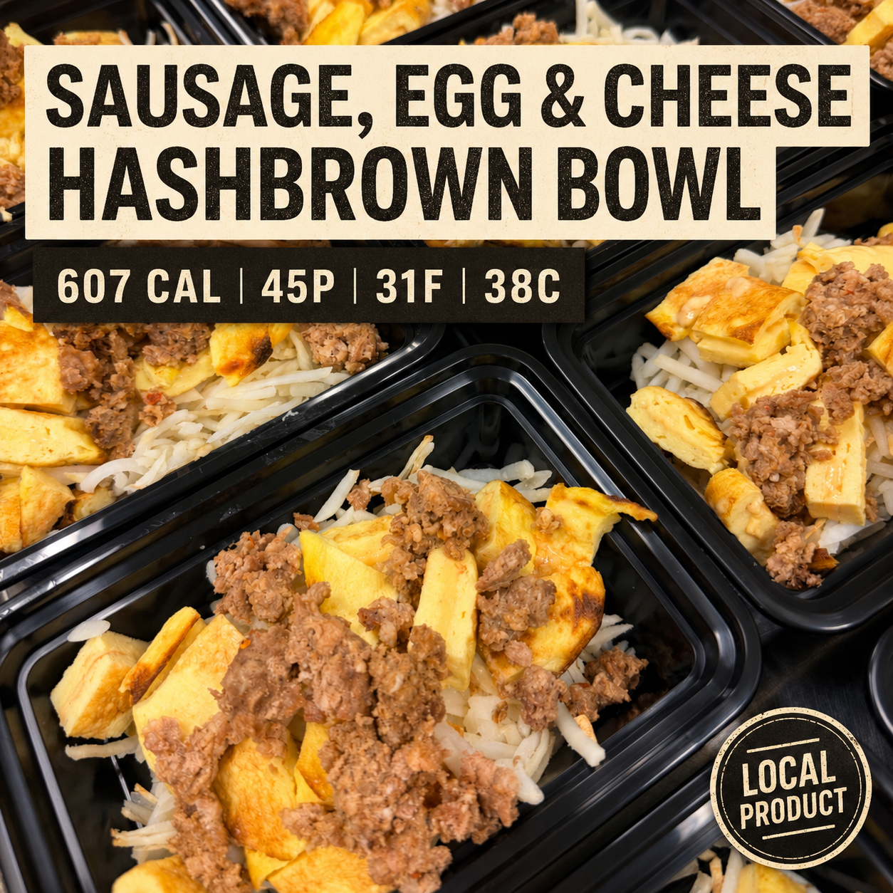 Sausage, egg and cheese hashbrown bowl