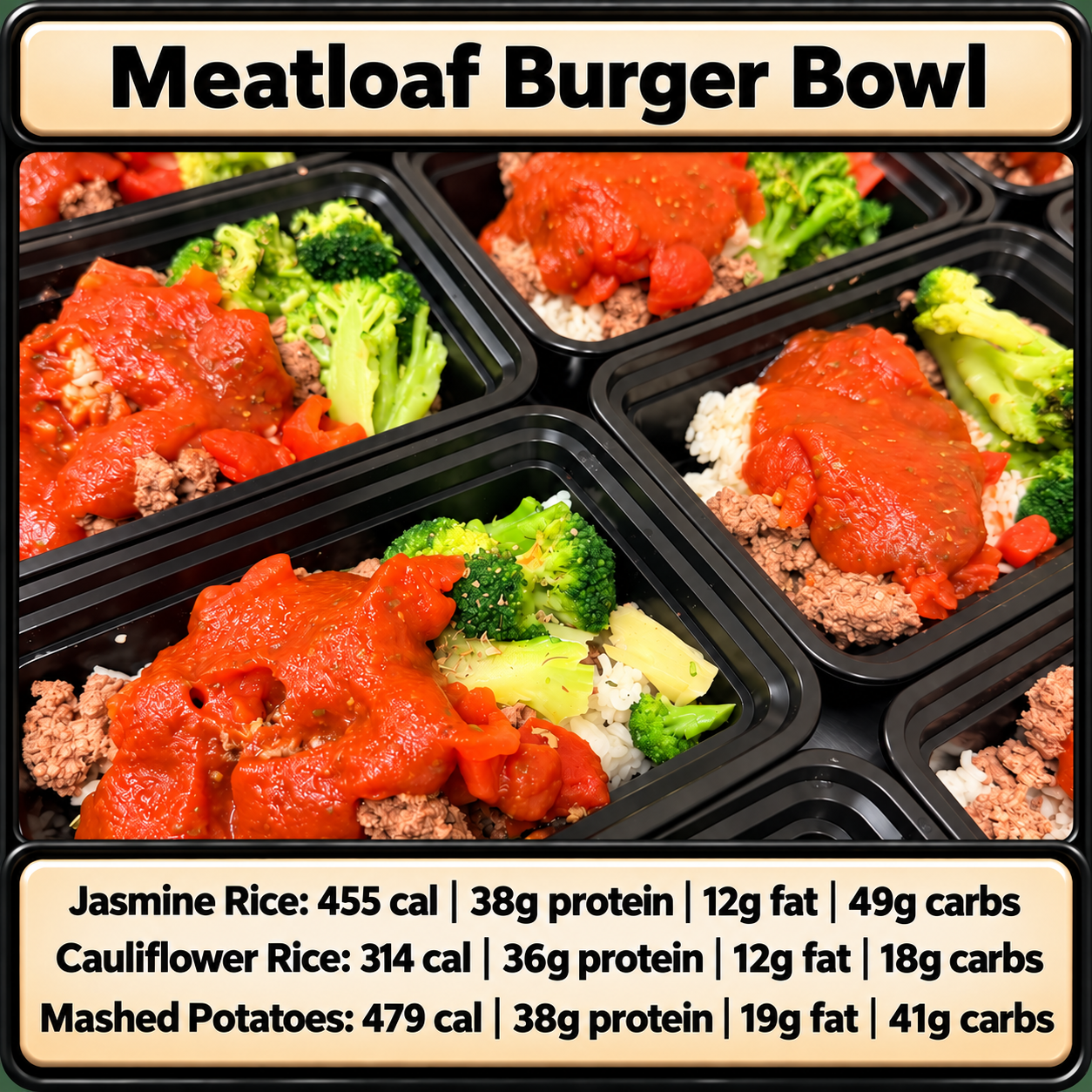 Meatloaf burger bowl with broccoli and your choice of side