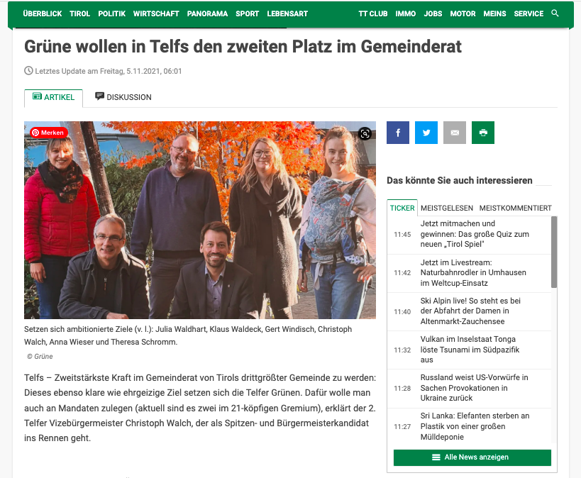 Grüne wollen in Telfs den zweiten Platz im Gemeinderat