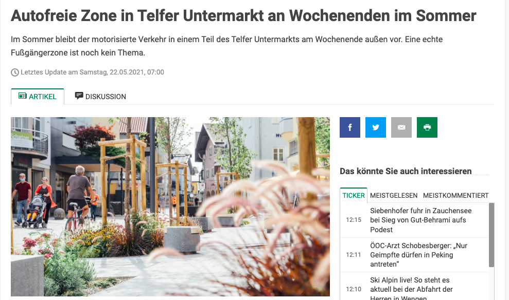 Autofreie Zone in Telfer Untermarkt an Wochenenden im Sommer