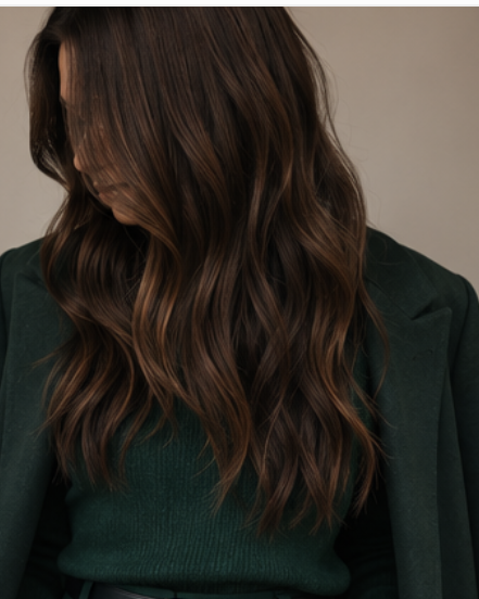 Chocolate brown hair styled with emerald green top, Cedar Rose Salon Byron Center