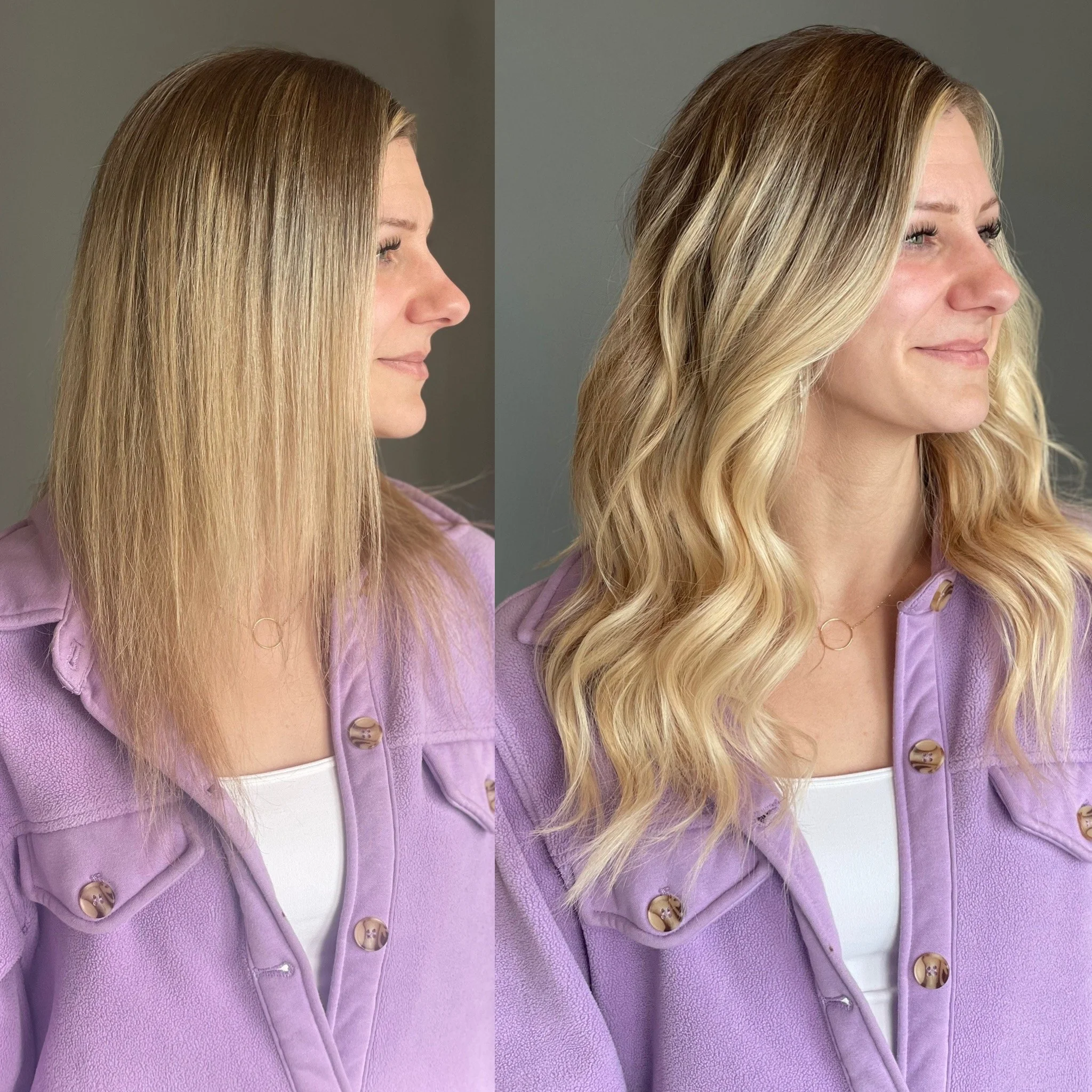 Long layered hairstyle created with sewn-in weft extensions in Byron Center