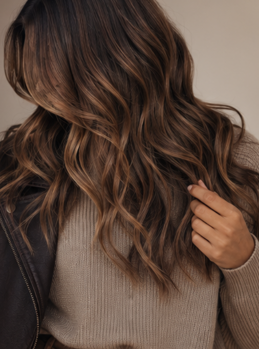 Dimensional balayage hair color with earth-tone fall outfit