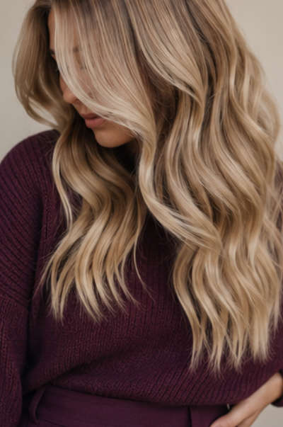 Butter blonde hair gloss paired with plum outfit for fall