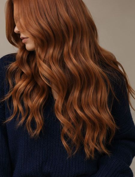 Copper auburn hair color paired with navy sweater for fall contrast