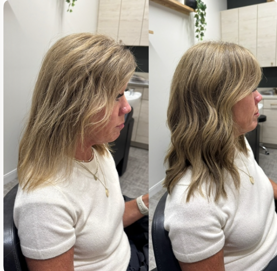 Before and after weft hair extensions adding fullness to fine hair