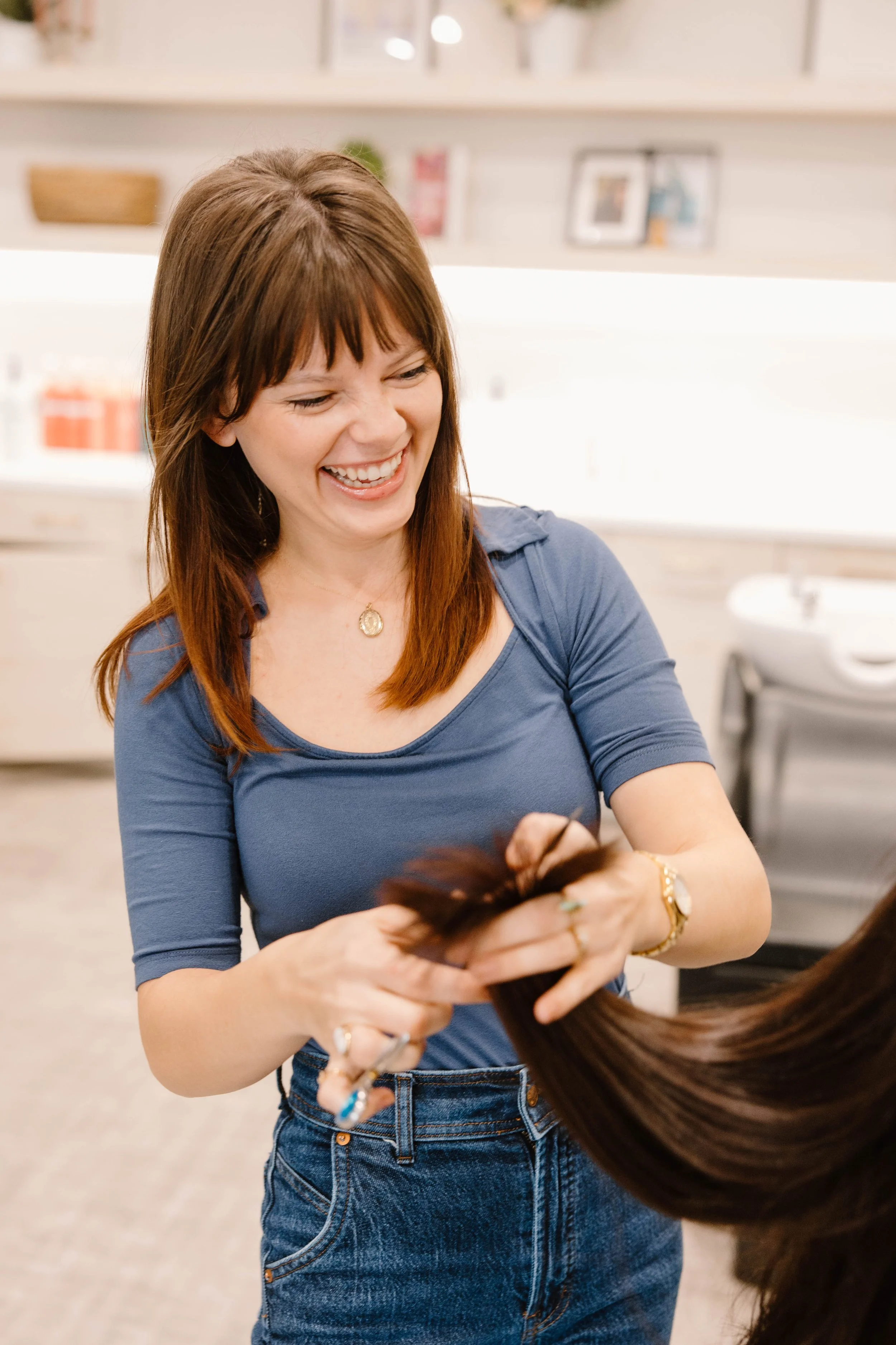 Healthy modern haircut styled for natural movement at Cedar Rose Salon