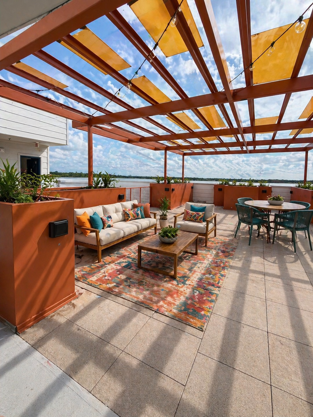 Outdoor patio area with a pergola, outdoor seating including a sofa and armchair with colorful pillows, a wooden coffee table, a round table with four teal chairs, potted plants, patterned rug, overlooking a city under a partly cloudy sky.