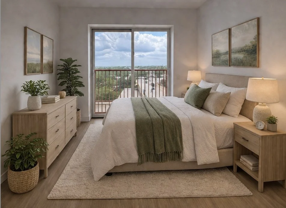 A bedroom with a large bed, green and beige pillows, and a green throw, beside two nightstands with lamps, and a dresser with plants and books, leading to a balcony with a view of trees and a cloudy sky.