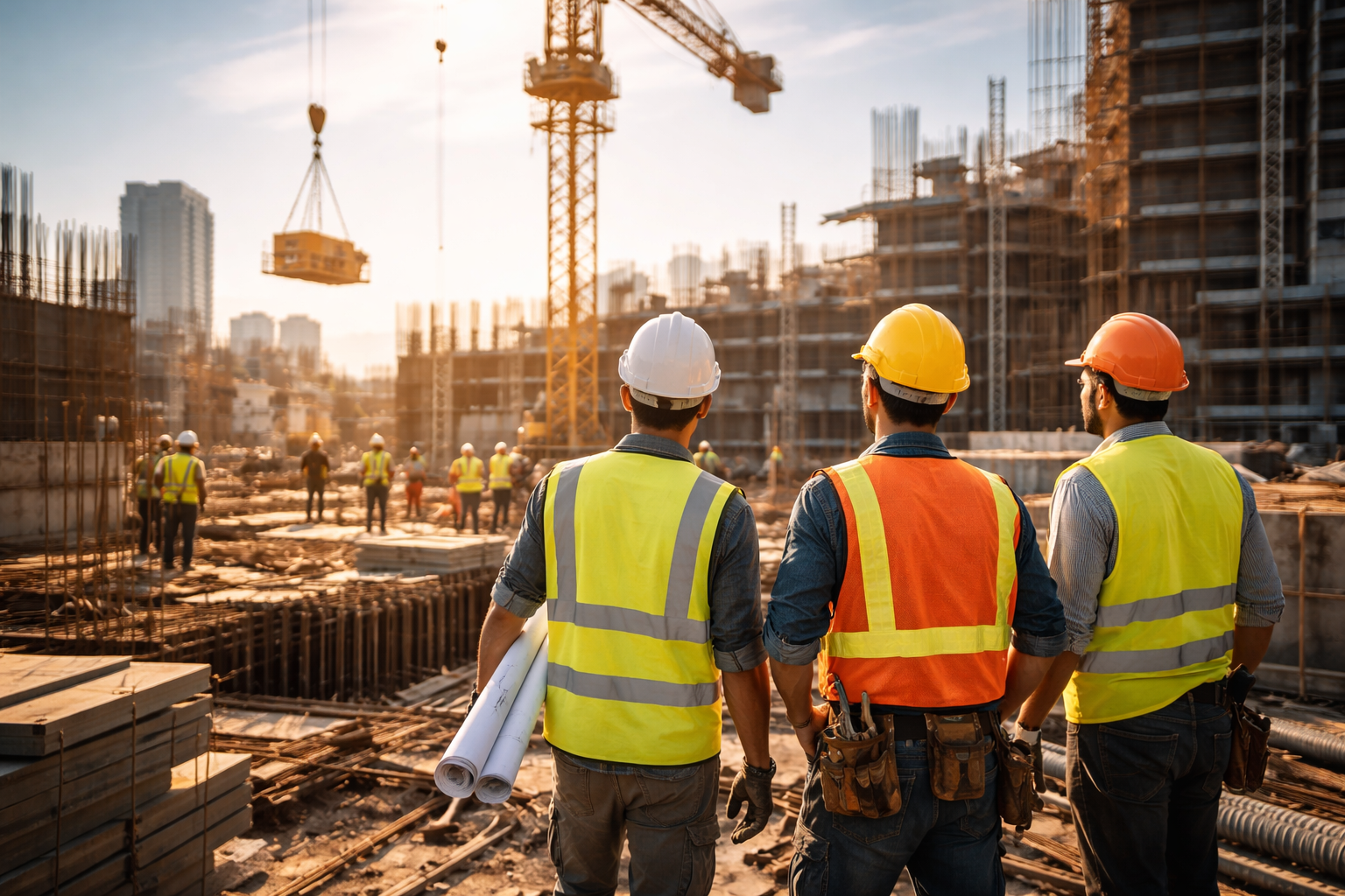 Construction labourers and site managers working on a large UK building project with cranes and scaffolding, representing construction recruitment and labour agency work