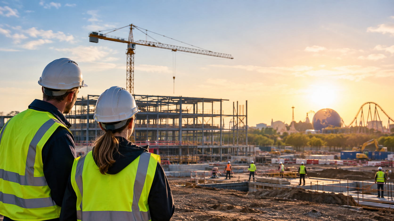 Construction workers on site at the Universal Studios Bedford development