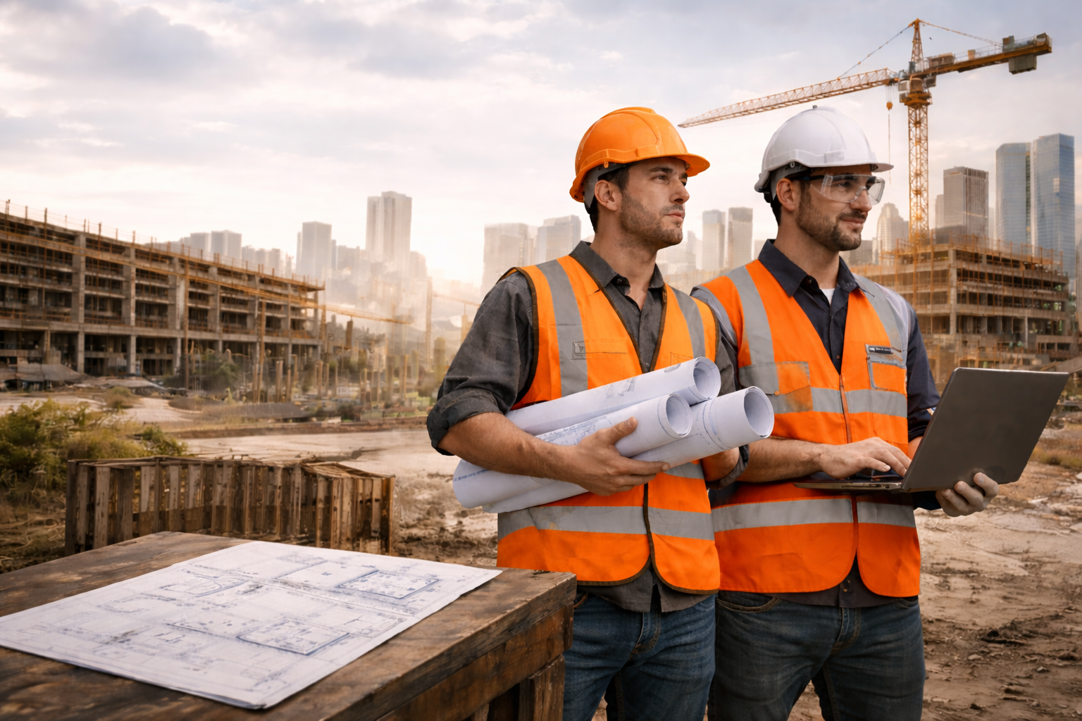 Two construction workers in orange high-visibility PPE and hard hats reviewing blueprints and using a laptop on a UK construction site, illustrating modern construction recruitment, workforce planning, and data-driven project management.