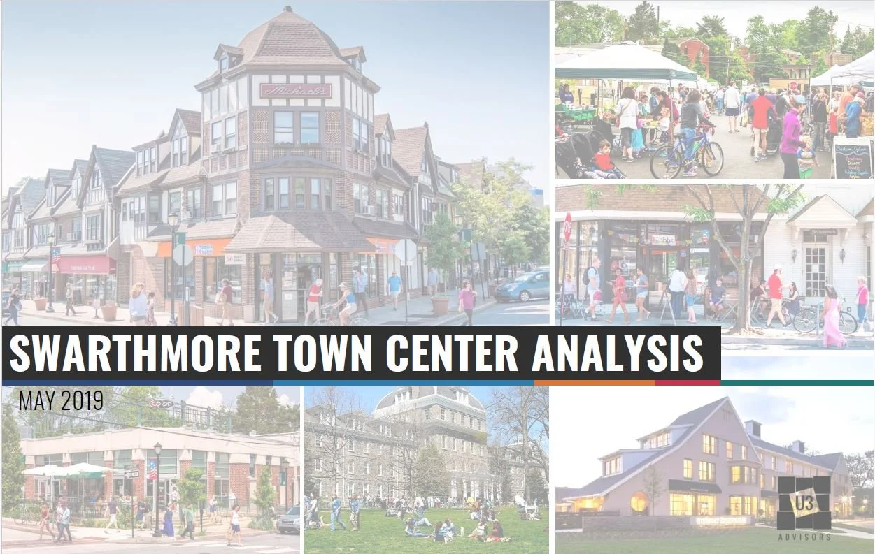 A collage of images showing scenes of Swarthmore. An overlay title reads "Swarthmore Town Center Analysis May 2019."