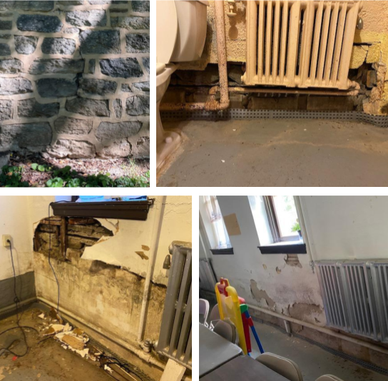 Collage of four images showing crumbling interior and exterior walls due to water damage