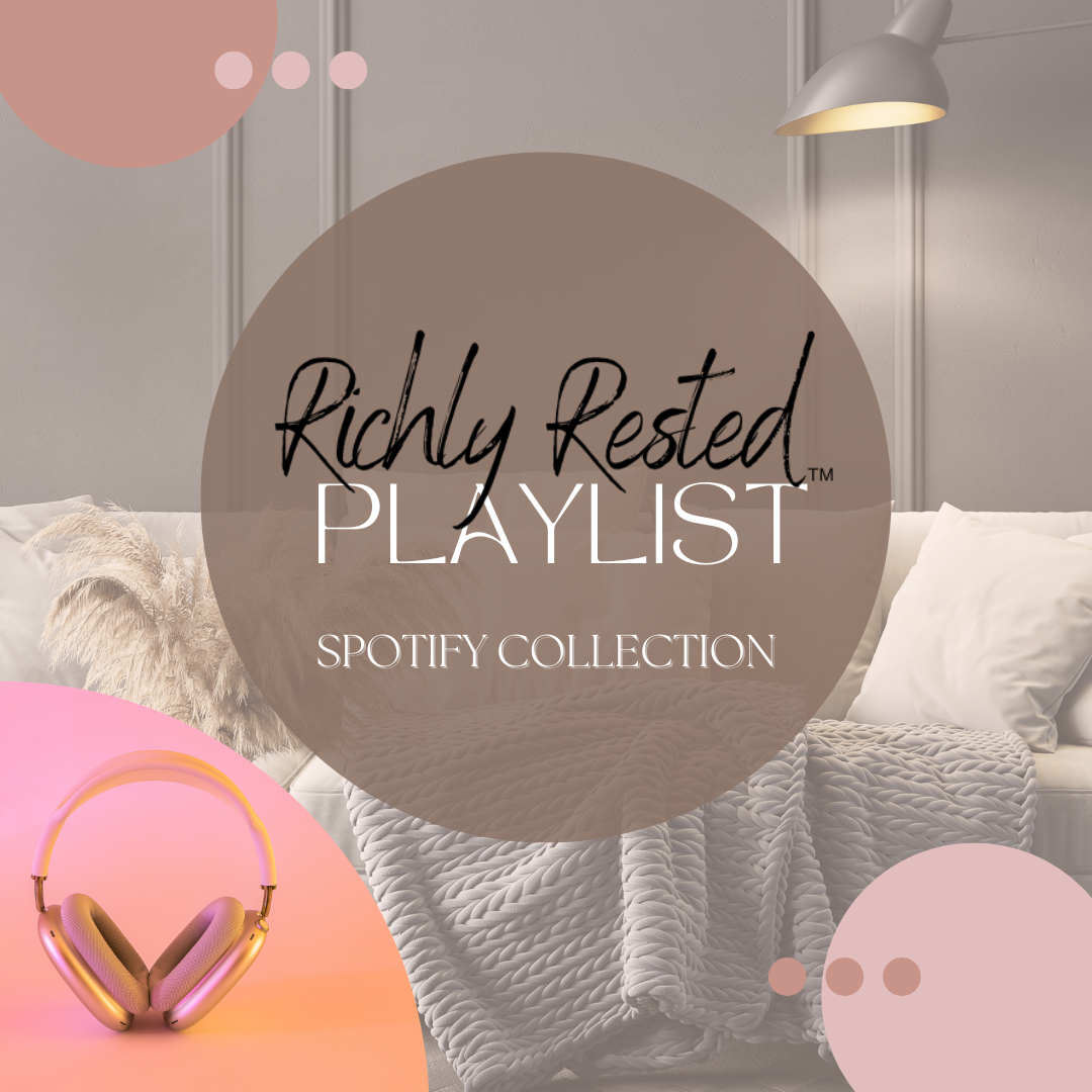 cream and beige couch with an overlay of pink headphones and the title Richly Rested Playlist Spotify Collection