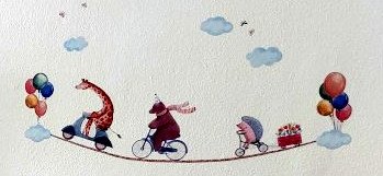 Cartoon-Weihnachtsfigur, die auf einem Seil mit Ballons fährt, mit Geschenken und Wolken im Himmel.