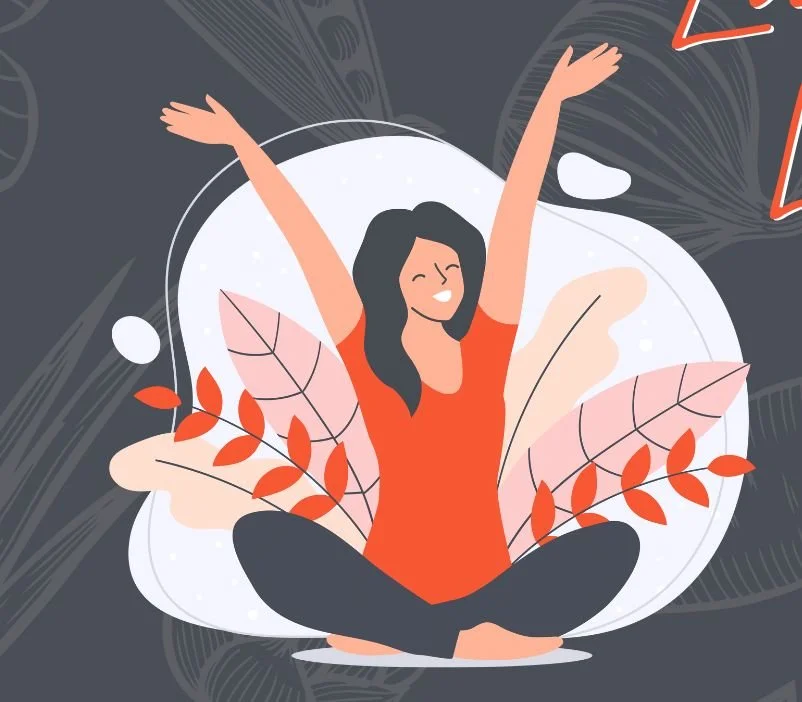 Illustration einer glücklichen Frau, die im Schneidersitz sitzt, die Arme in die Luft streckt und lächelt, umgeben von bunten Blättern und einem weißen Hintergrund mit dunklen, grafischen Mustern.