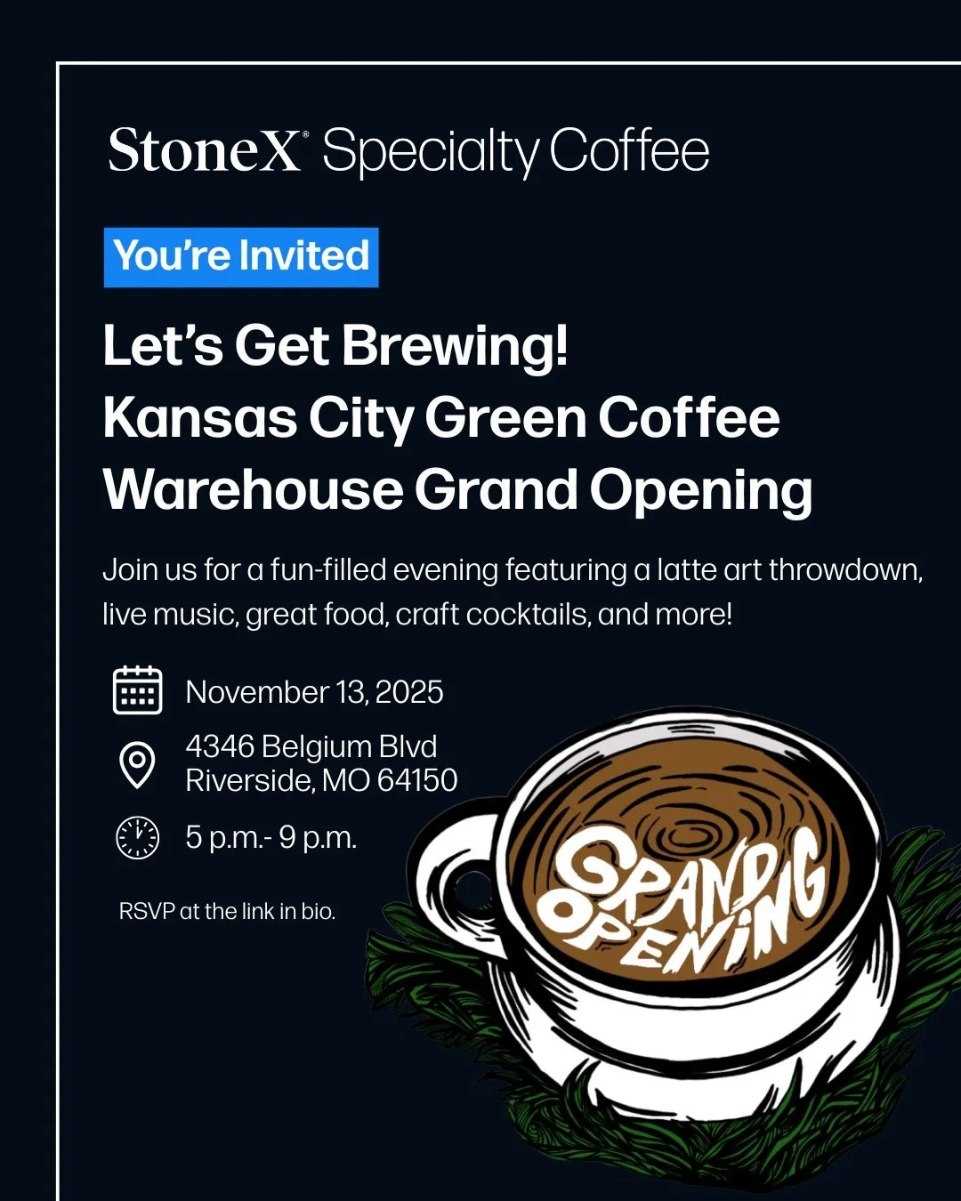 Join the StoneX Specialty Coffee team as they celebrate the grand opening of their new Green Coffee Warehouse in Kansas City!
StoneX is thrilled to open their doors to the KC coffee community and invite you to be among the first to experience what t