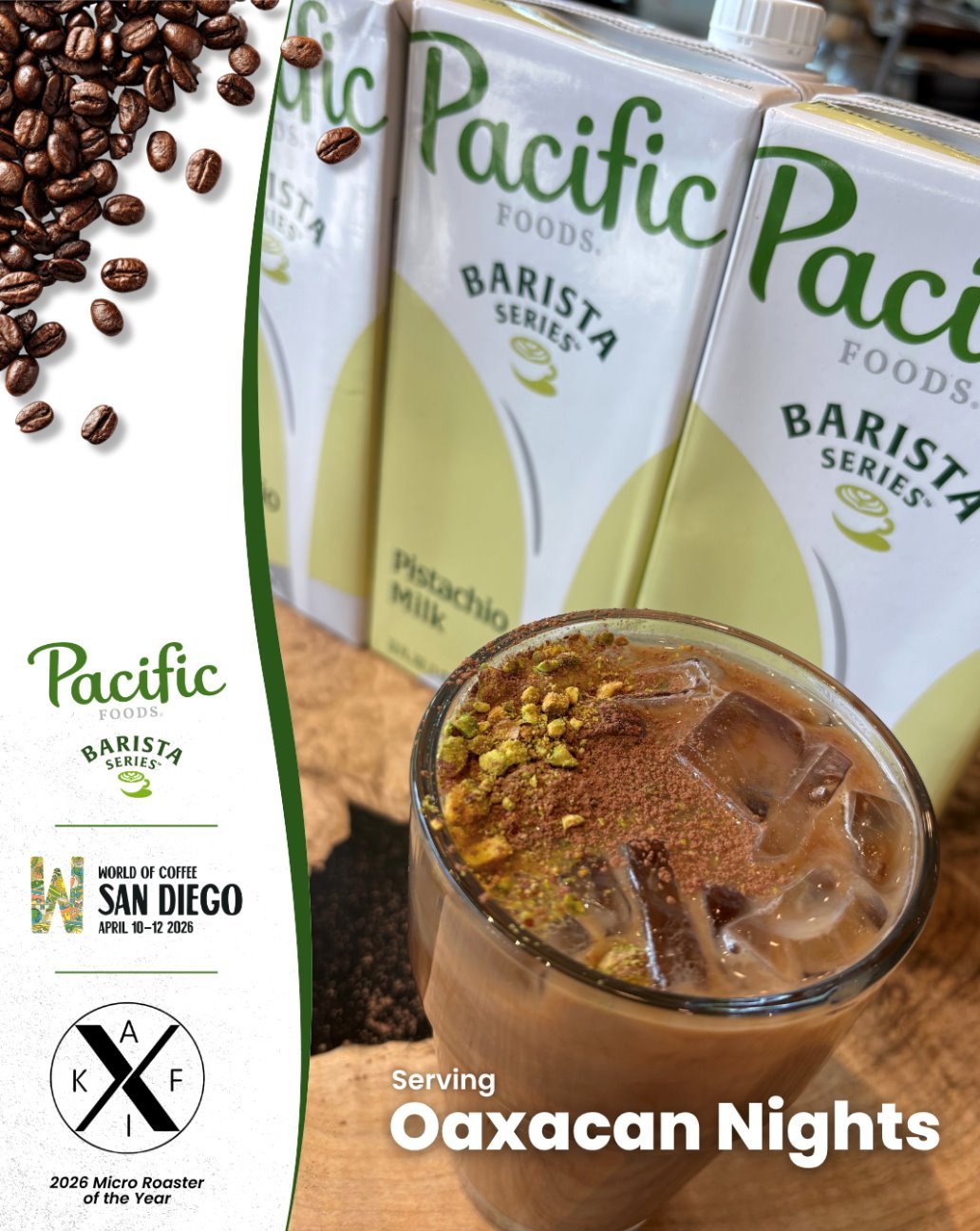 Heading to San Diego next week? 
Stop by Pacific Barista Series booth (# 3227) at World of Coffee and sip Kafiex, Roast Magazine&rsquo;s 2026 Micro Roaster of the Year, serving their bold Oaxacan Nights with Pacific Barista Series&trade; Pistachio&md