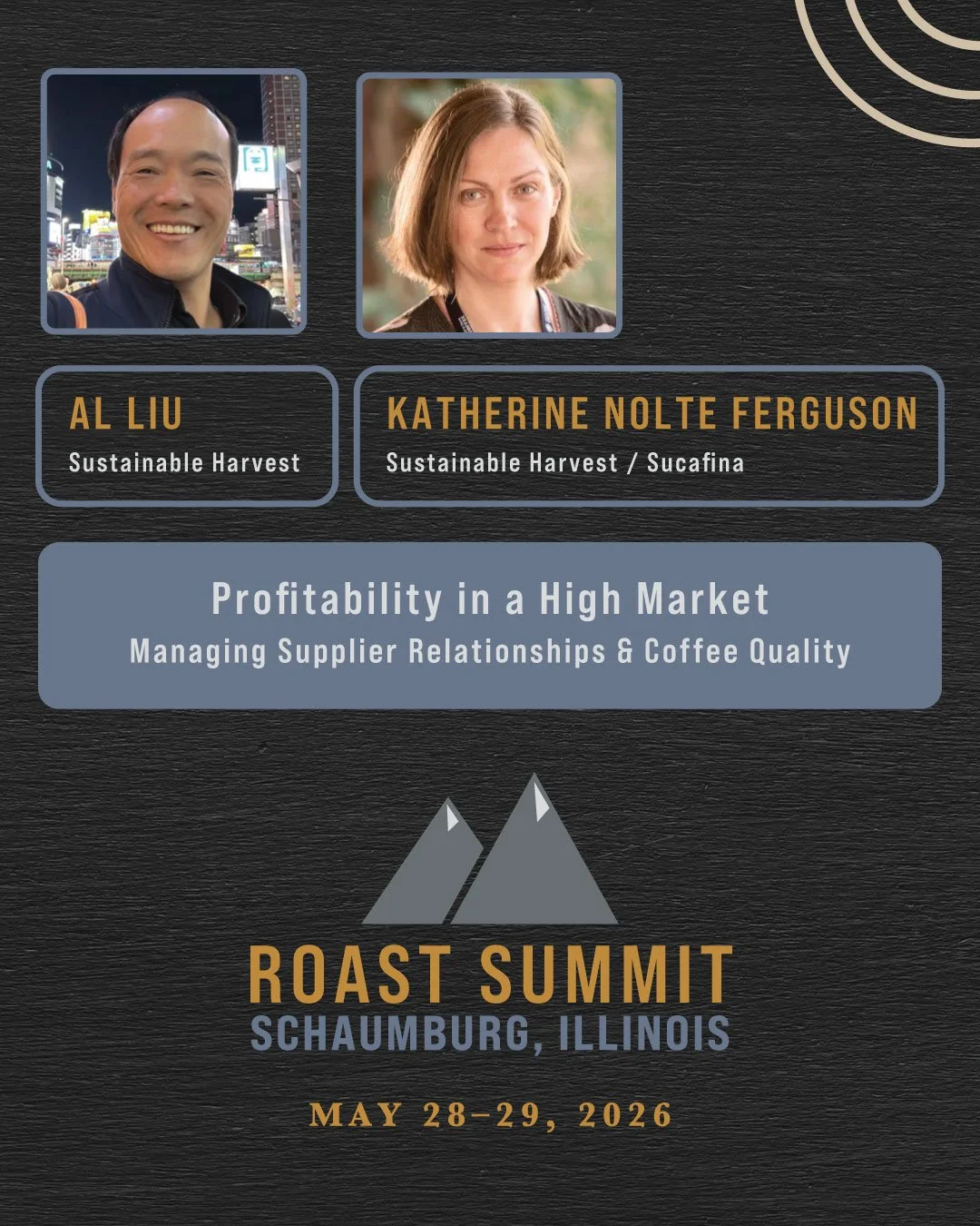 Next up, we're spotlighting the session "Profitability in a High Market: Managing Supplier Relationships &amp; Coffee Quality" presented by Al Liu and Katherine Nolte Ferguson of @sustharv and @sucafina_northamerica. This talk will take pla