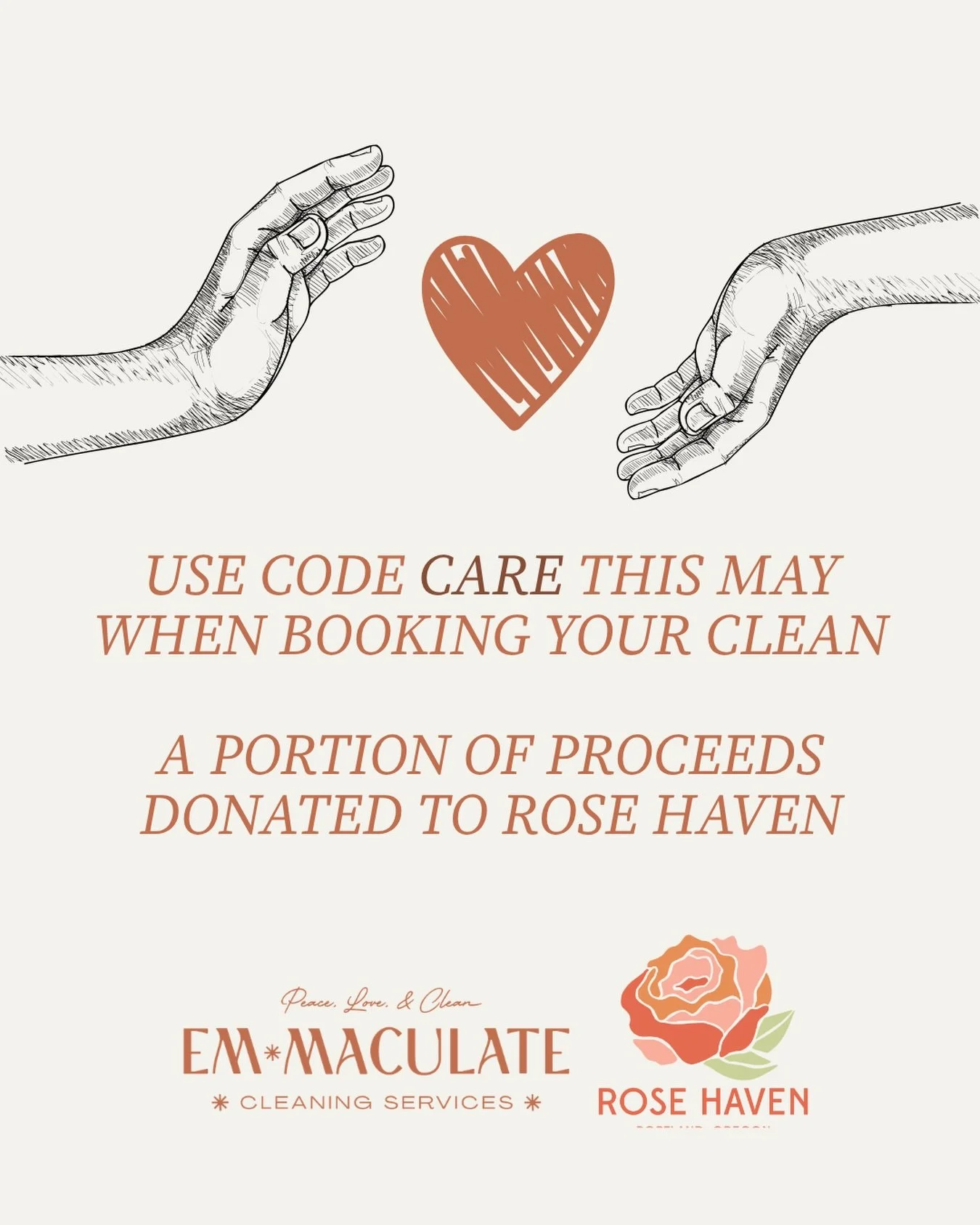 This Mother&rsquo;s Day, we&rsquo;re celebrating the women who show up for us, and extending that same care into our community.

All May long, when you book with Em-Maculate using code CARE, a portion of proceeds will be donated to @rosehavenpdx, sup