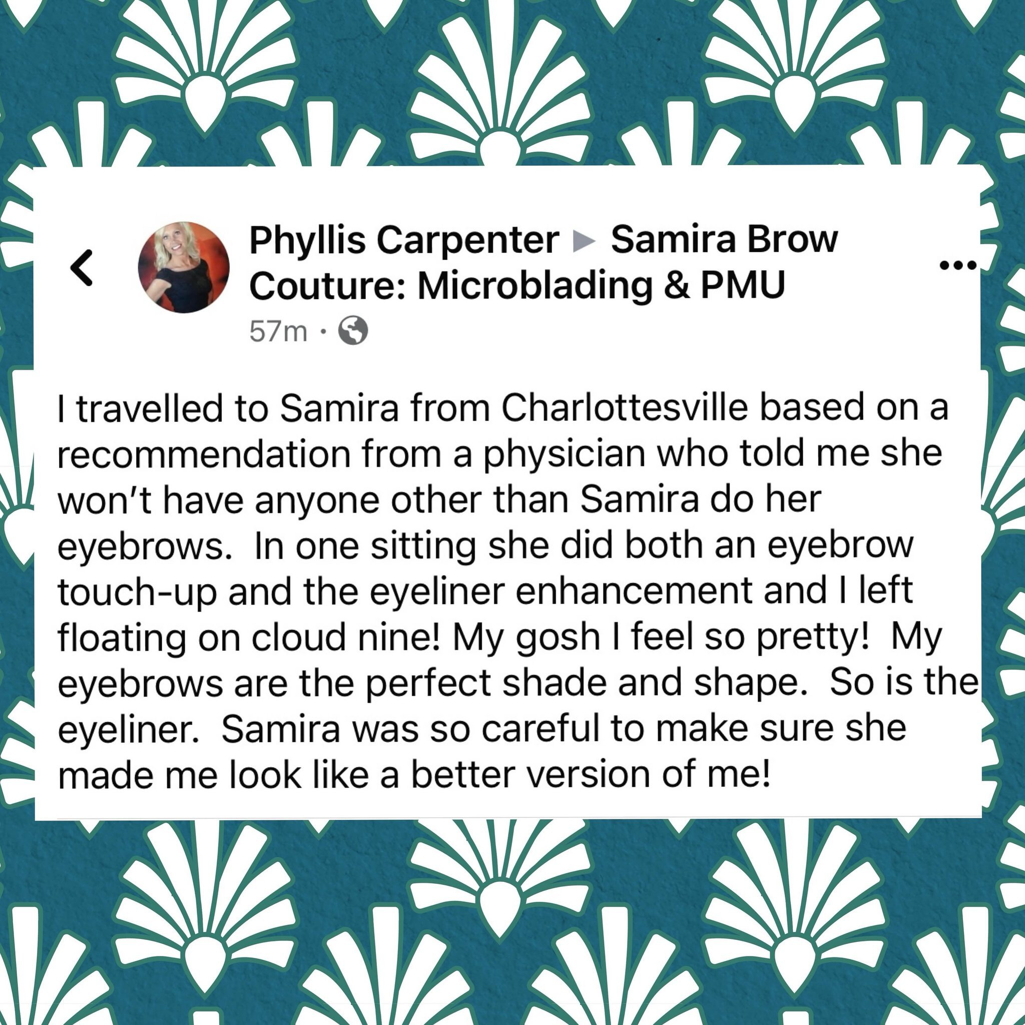 Thank you, Phyllis for this wonderful review! I am thrilled you love your brow touch-up and your upper eyeliner enhancement! And thank you @drchanceplasticsurgery for so many referrals! 

@samirabrowcouture #samirabrowcouture #pmu #permanentmakeup