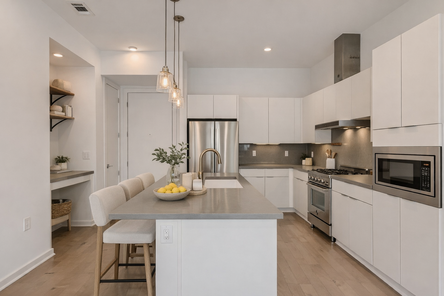 Bright, modern kitchen with white flat-panel cabinets, stainless steel appliances, and a large gray waterfall island with bar seating, pendant lights overhead, light wood floors, and minimalist styling with lemons and greenery.