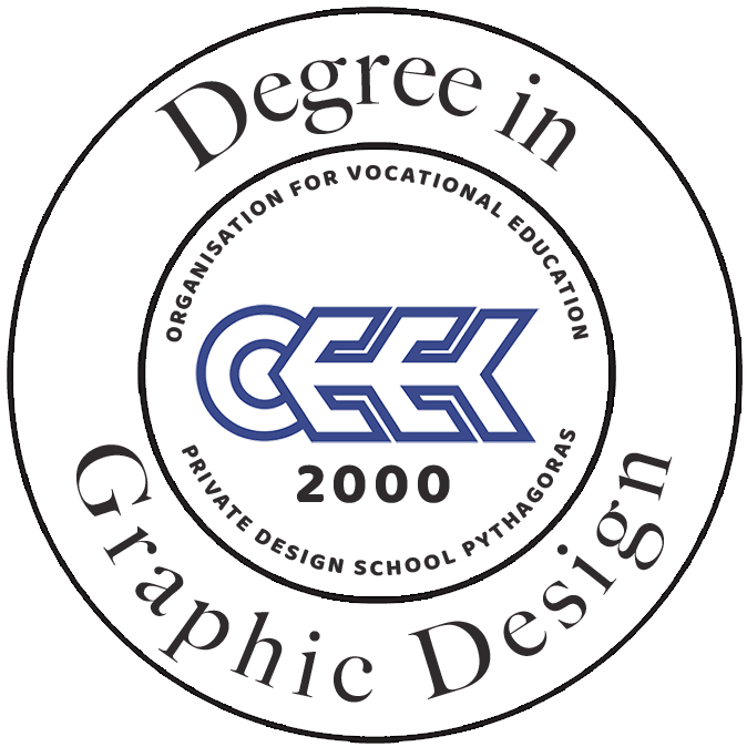 Logo of a graphic design school with stylized blue text 'GDK', year 2000, and surrounding black text mentioning vocational education and private design school.