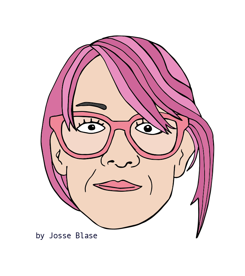 Illustration of a woman with pink hair and glasses, with a black background, signed by Josse Blase.