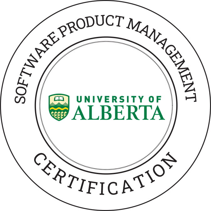 University of Alberta logo with green shield and black text, surrounded by a gray circular seal reading 'Software Product Management Certification'