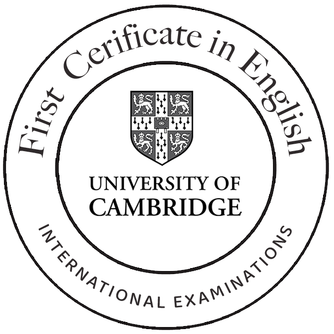 Seal of the University of Cambridge with text 'First Certificate in English' and 'International Examinations' surrounding a shield with lions and symbols.