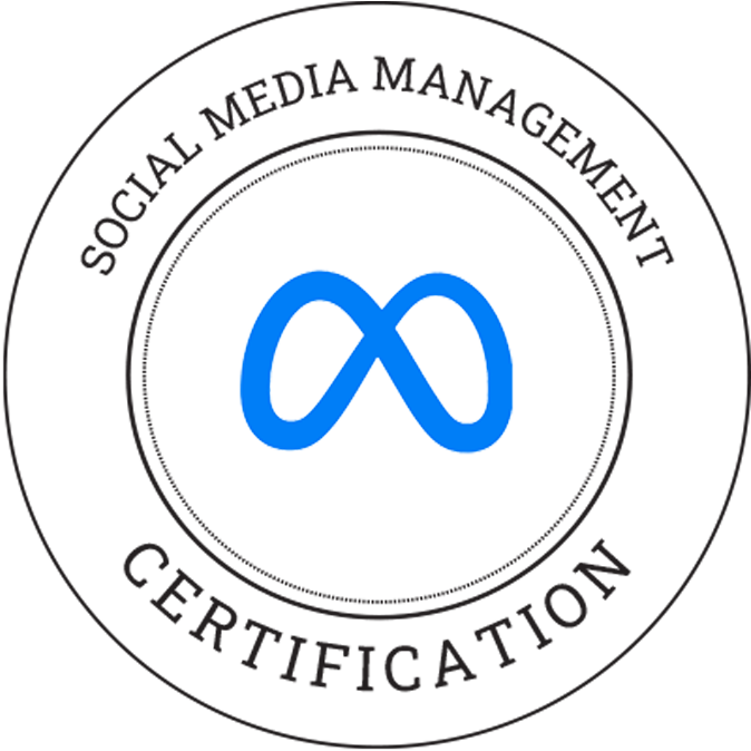 Logo with a blue infinity symbol in the center, surrounded by the text 'Social Media Management Certification' in an outer circle.
