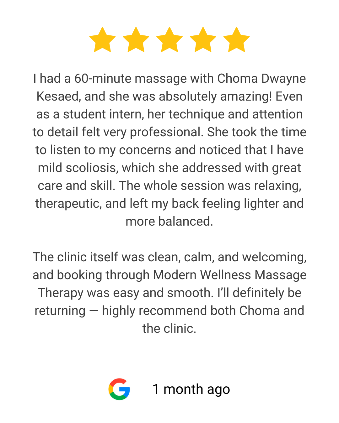 Five gold stars at the top, a customer review about a massage experience, a Google logo at the bottom, and text indicating the review was posted one month ago.