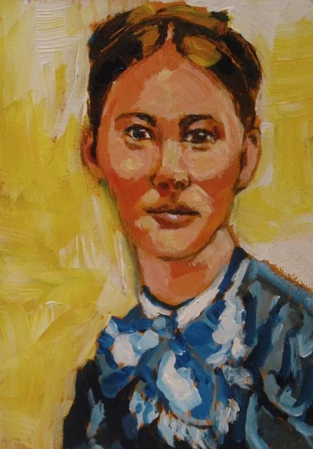  Mary Cassatt 
 
 painted from a black and white photo-photographer unknown-colours imagined!  
 
 Acrylic on birch panel 
 
 5 x 7 inches   
 
 ©️ Barbara Muir  