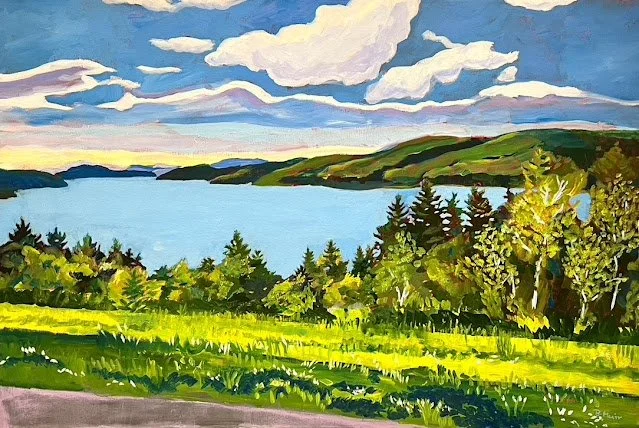 Témiscouata-sur-le-Lac from the road  
 
 Acrylic on canvas 
 
 40 x 40 inches   
 
 ©️ Barbara Muir
