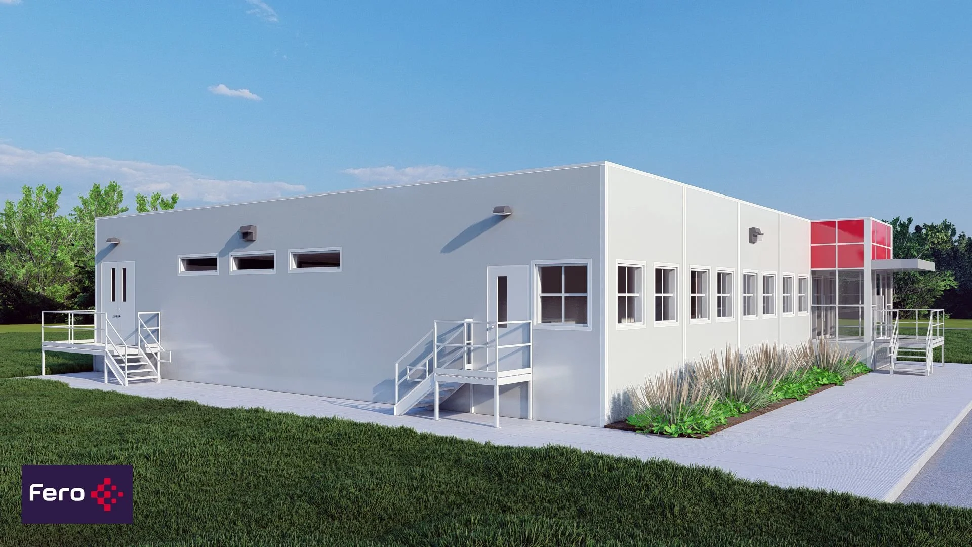 White modular security building with windows and stairs leading up to door