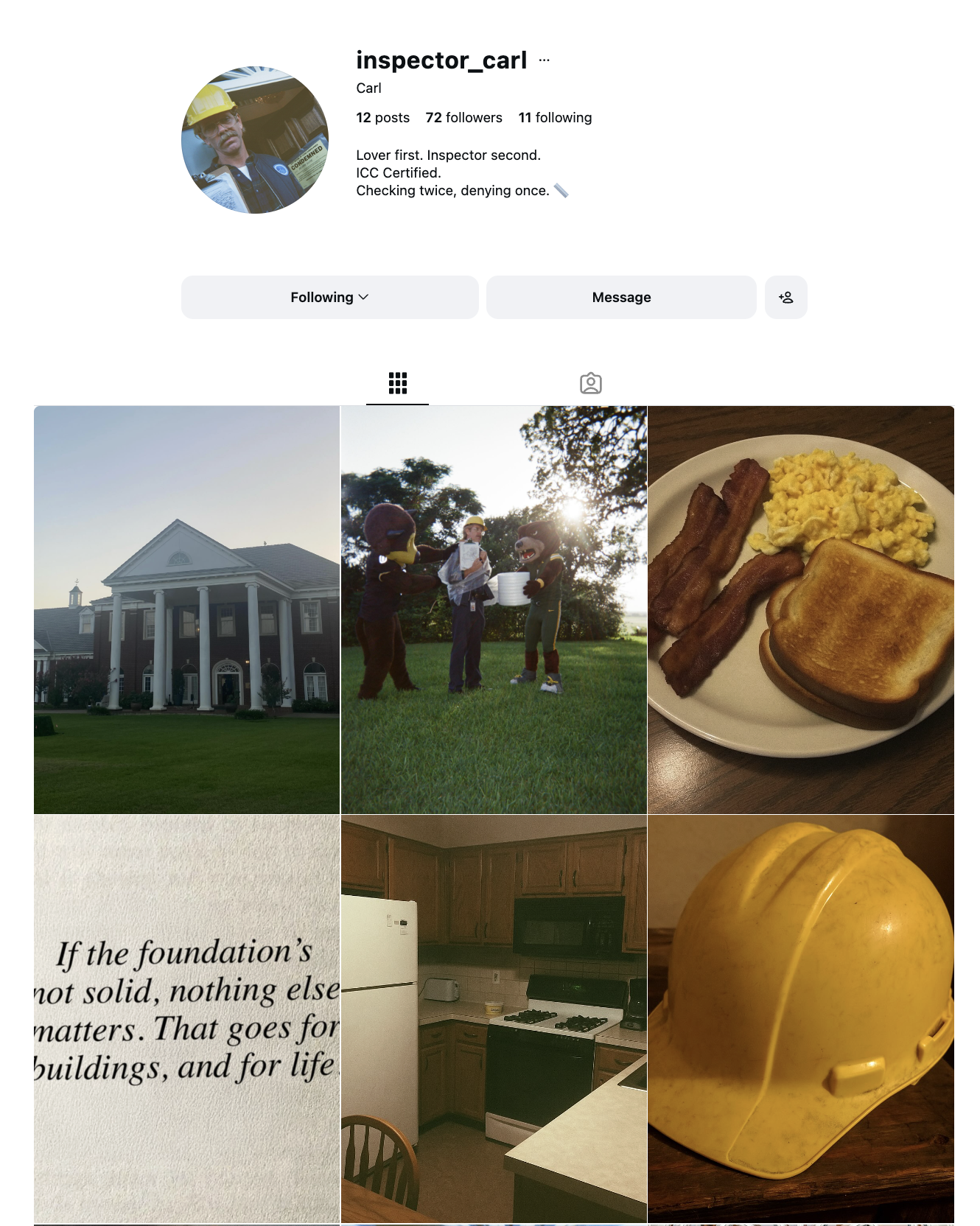A collage of six pictures including a large house with columns, a person and two mascot characters reading outside, a plate of breakfast with scrambled eggs, bacon, and toast, a kitchen with wooden cabinets and white appliances, a quote about building foundations, and a yellow construction helmet.