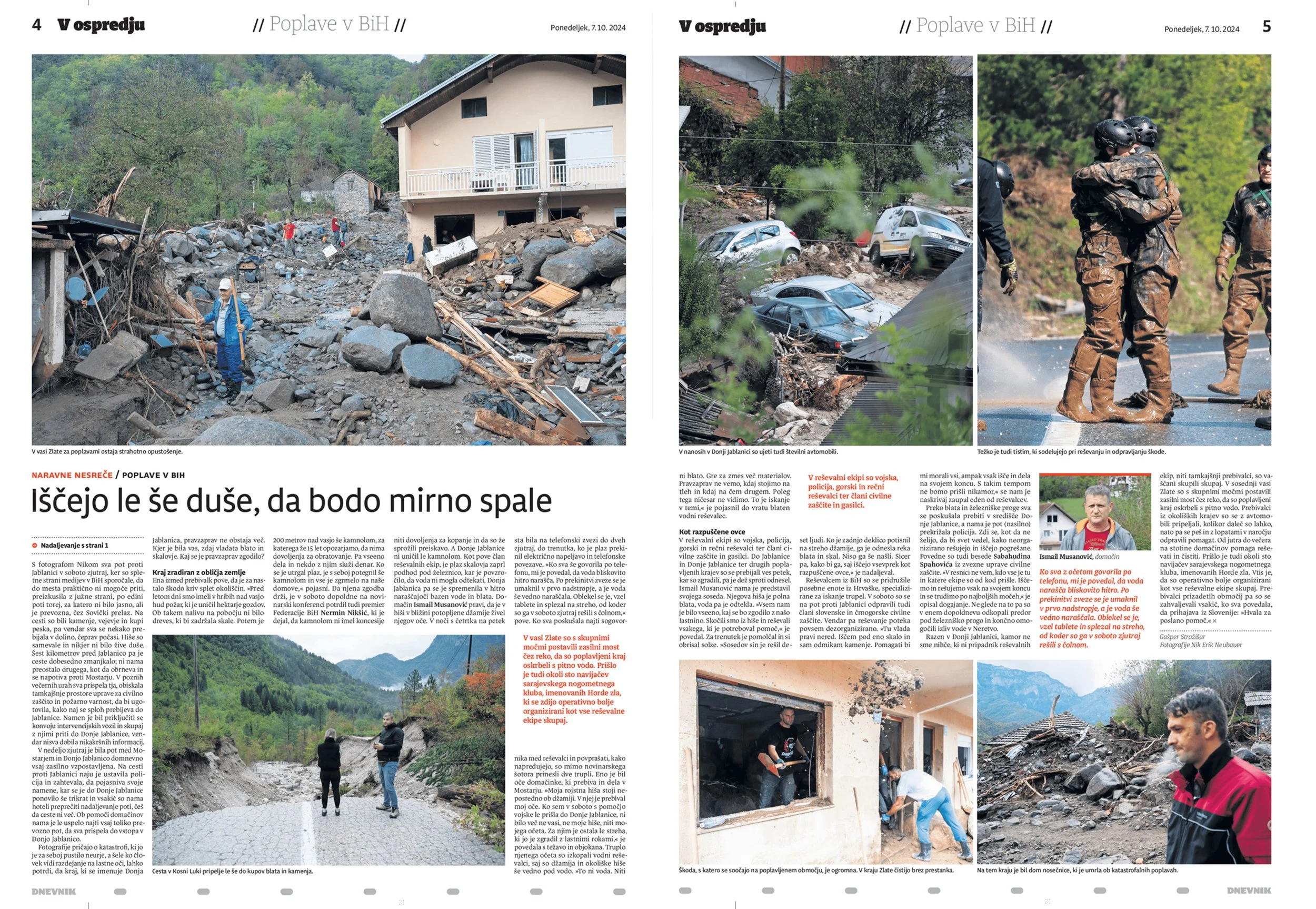 Photos of flood damage in Bosnia and Herzegovina showing destroyed homes, parked cars buried in debris, and rescue workers assessing the aftermath.