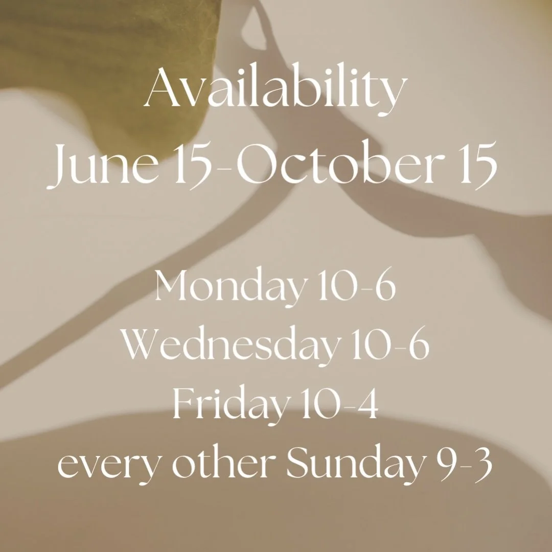 Maine Summer and Fall Spa Schedule 💫 

I will be in office M/W/F and every other Sunday starting June 15th!

Online booking starts April 1st or you can reach out directly to me to set up your appointments! Looking forward to seeing all my island bab