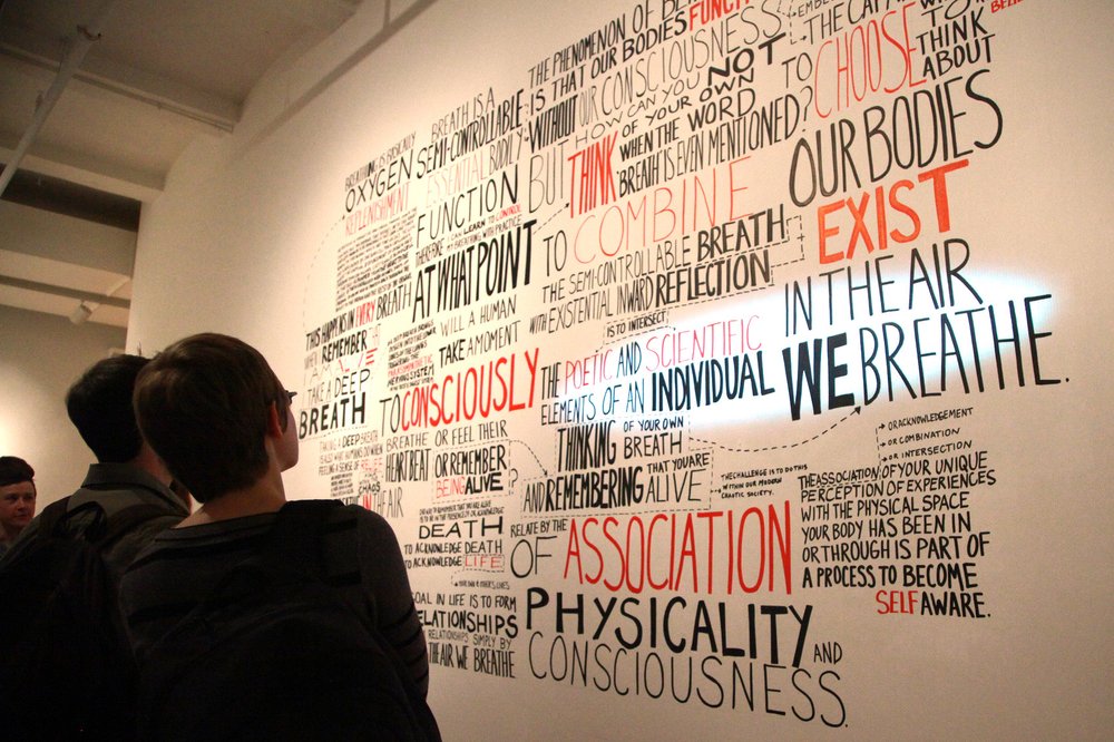 Site Specific Installation at Columbia College Chicago (detail of mural with spotlight moving to "chosen phrase")