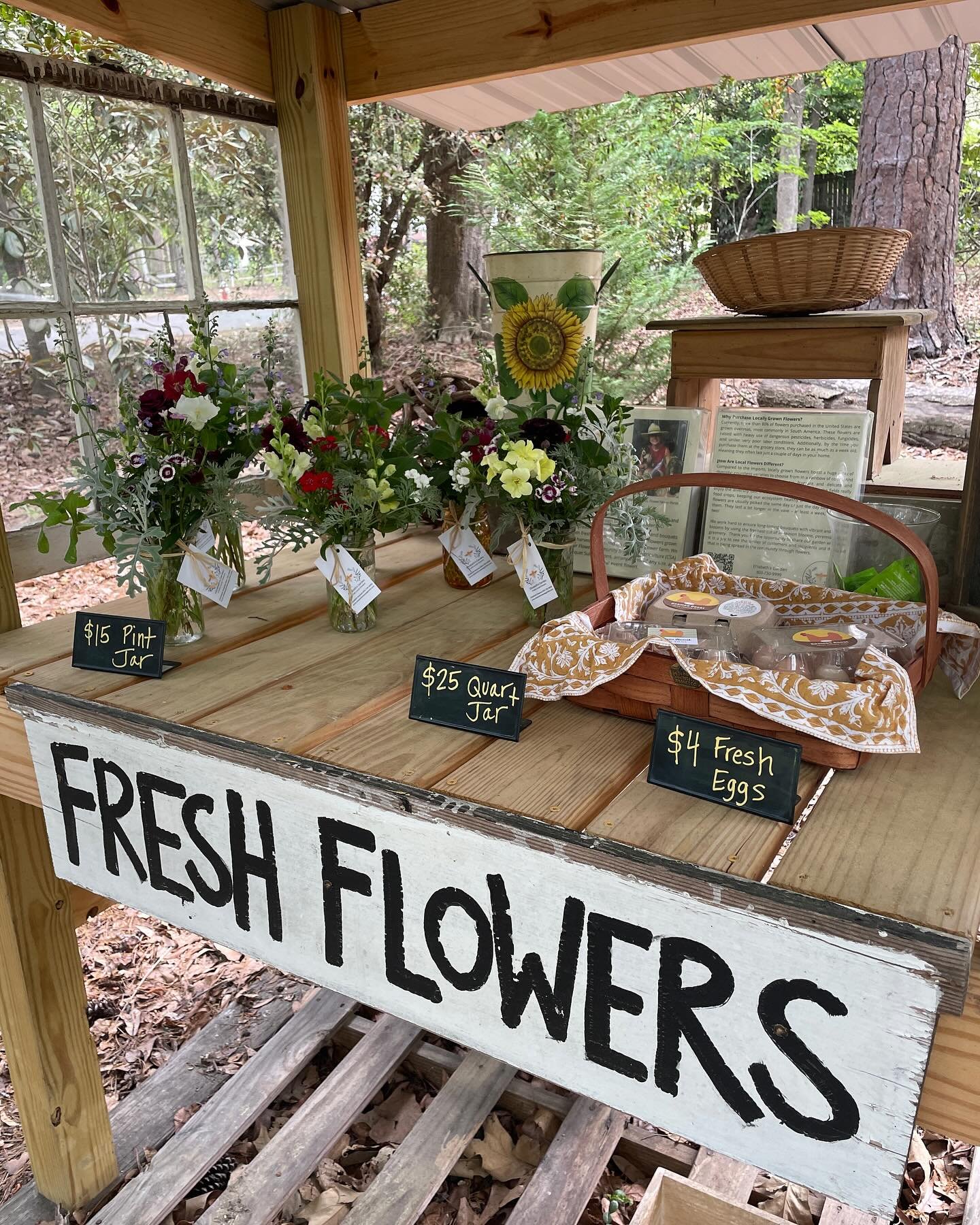 Flower Stand open today. Locally grown flowers and herbs and fresh eggs. Please stop by! I&rsquo;ll be adding to it throughout the day. Thank you for supporting local farmers! #elizabethsgarden #flowerstand #flowerfarmer #camdensc #camdenscflowers