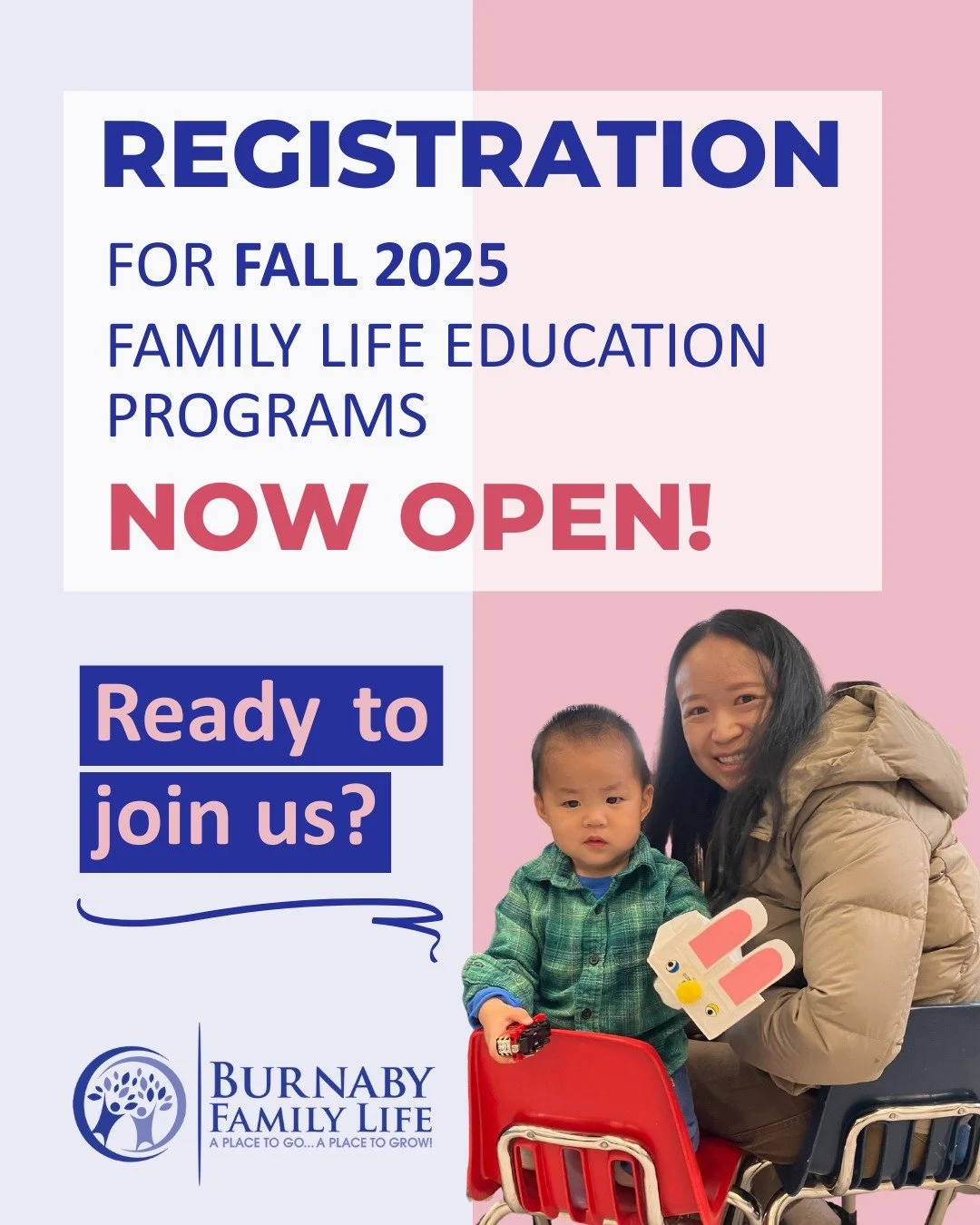 Are you ready to learn, connect and grow? 

Our Fall 2025 Family Life Education Programs are now open for registration! 🗓️✨ Easy online booking!

Whether you are looking to learn practical parenting strategies, receive expert guidance on child devel