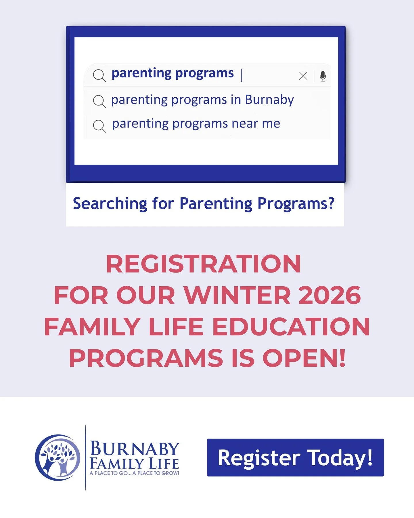 Are you looking for parenting programs in Burnaby?
 
Registration for our Winter 2026 Family Life Education Programs is Now Open! 💫

From parent-child relationship and parenting skills to communication, child development, and support and resources f