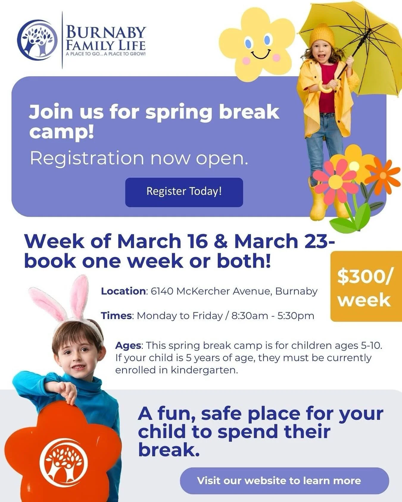 We are excited to be offering a Spring Break Camp in March 2026! Registration is now open!🌼✨

Our Spring Break Camp is designed to give children a week full of fun, connection, and positive experiences. Children will enjoy activities, games, and cre
