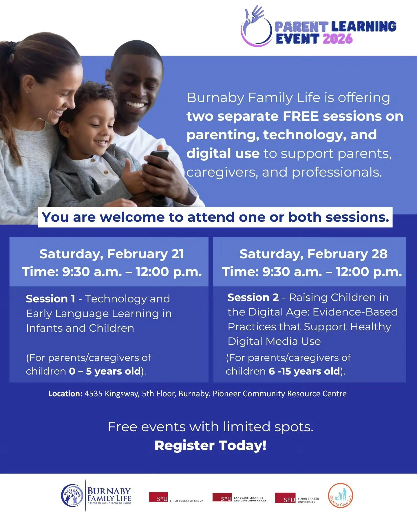 At Burnaby Family Life, we believe strong families build strong communities.

Our Parent Learning Event offers parents and caregivers the opportunity to learn from experts, connect with others, and gain practical strategies to support children and fa