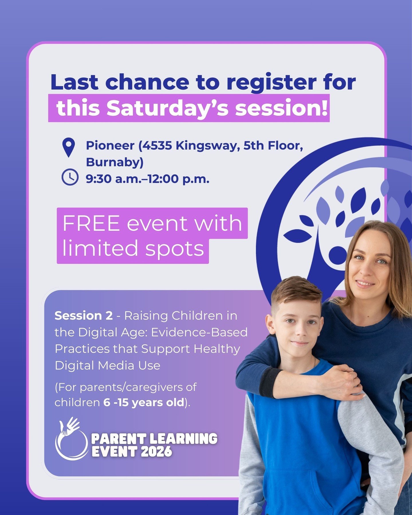 This Saturday (Feb 28)! Burnaby Family Life is hosting a FREE Parent Learning Event:
Raising Children in the Digital Age (for parents/caregivers of children 6&ndash;15).

Navigating screens, apps, and devices can feel overwhelming&mdash;this session 