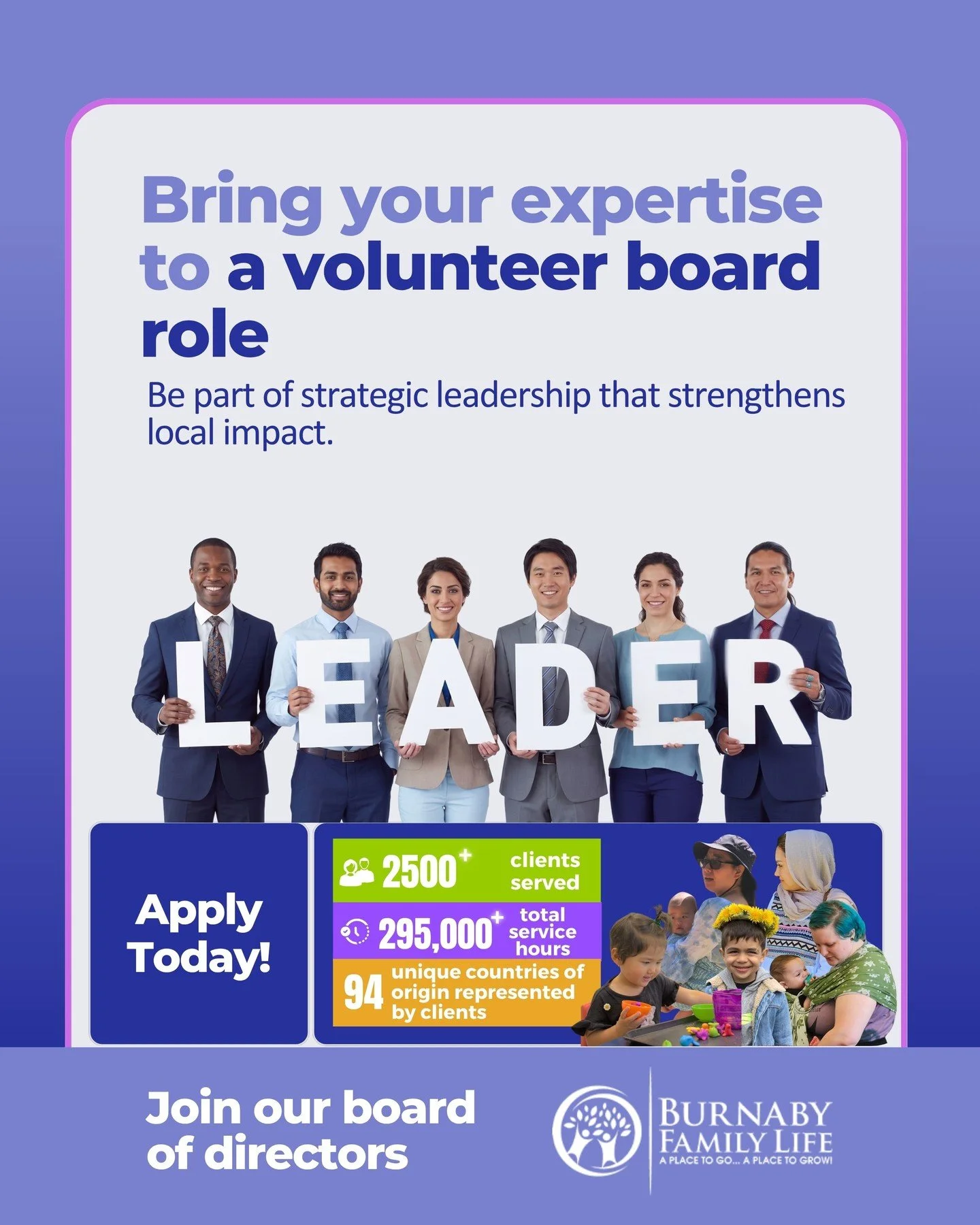 Use your expertise for local impact. We are recruiting volunteer Board Members to help guide Burnaby Family Life and strengthen the services we provide across the community. 

Apply today here https://www.burnabyfamilylife.org/board-director-voluntee