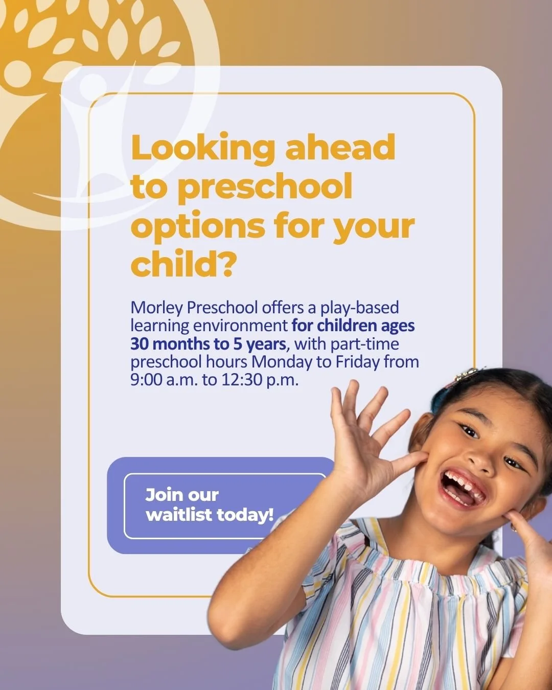 Our preschool program offers a warm, play-based learning environment where children can explore, learn, and grow. If you are looking for a supportive early learning program for your child, we invite you to learn more and join our waitlist.

Spaces ar