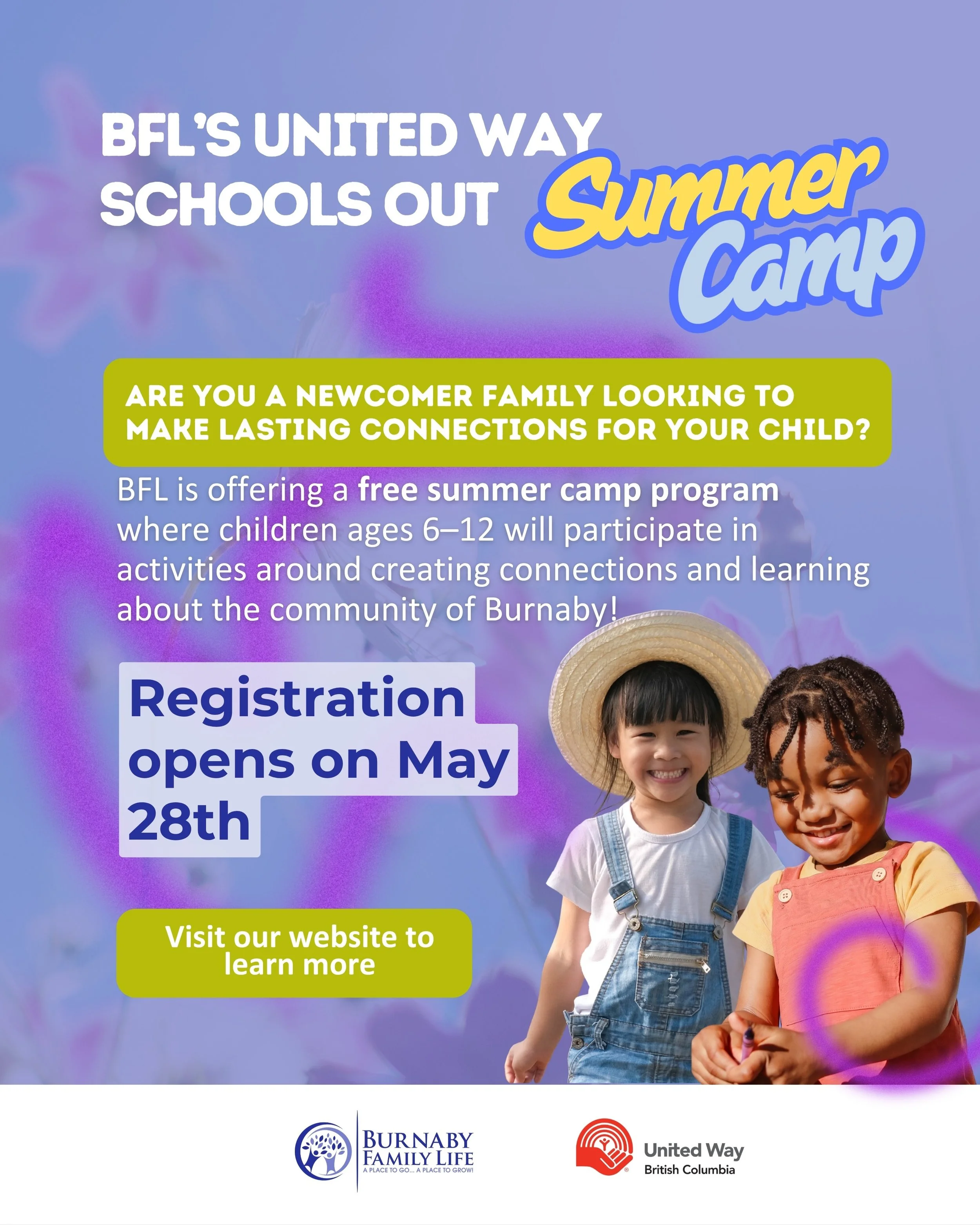 🌞 Free Summer Camp for Newcomer Families in Burnaby! 🌞

Burnaby Family Life is offering a free summer camp program for children ages 6&ndash;12! Children will take part in fun, supportive activities focused on identity development, healthy relation