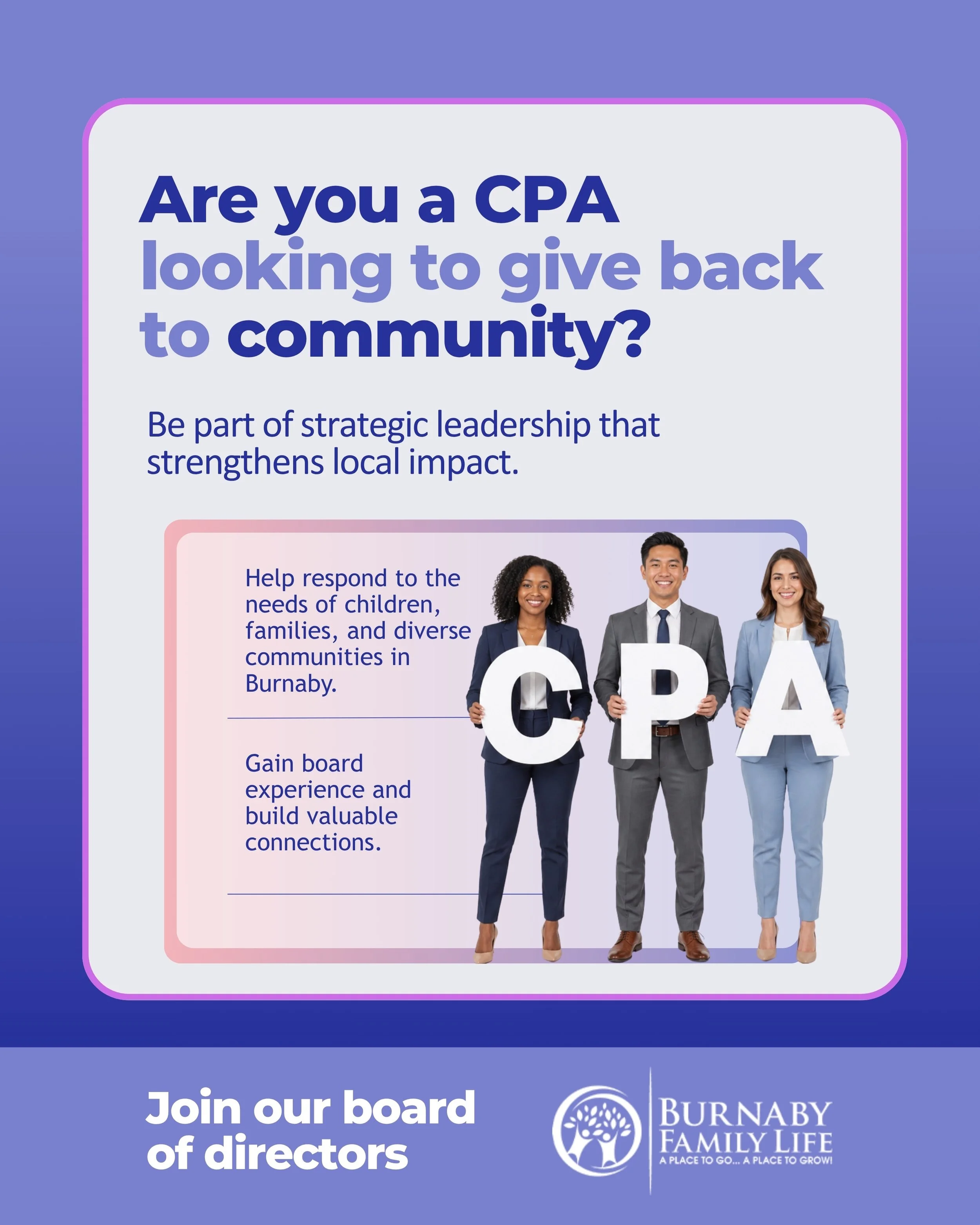 We&rsquo;re looking for a CPA to join our volunteer Board of Directors!

If you&rsquo;re a finance professional who wants to give back, support good governance, and help strengthen the financial oversight of a mission-driven organization, we&rsquo;d 